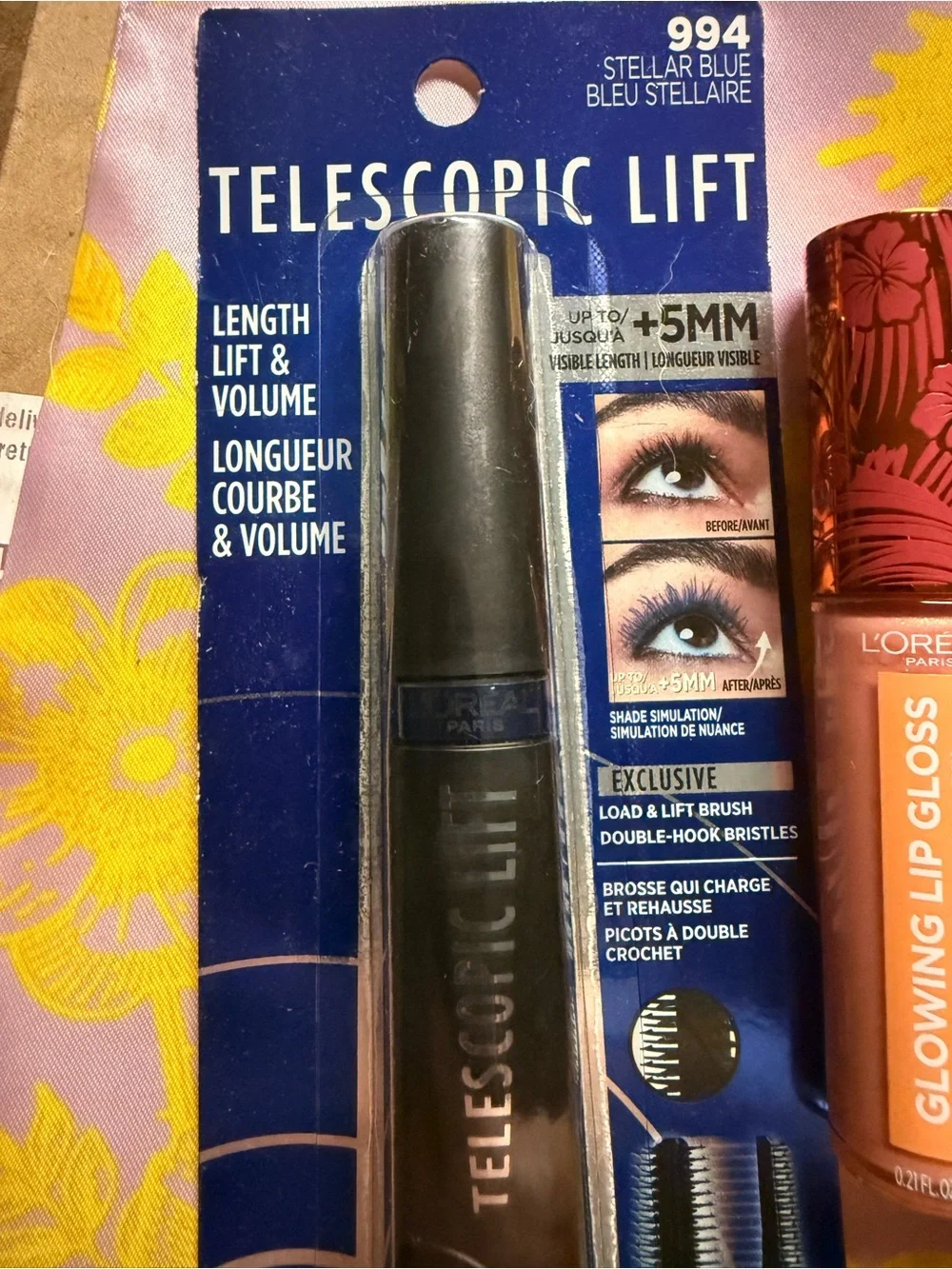L'Oreal Telescopic Lift Mascara with Peach Glowing Lip Gloss and Nude Lipstick